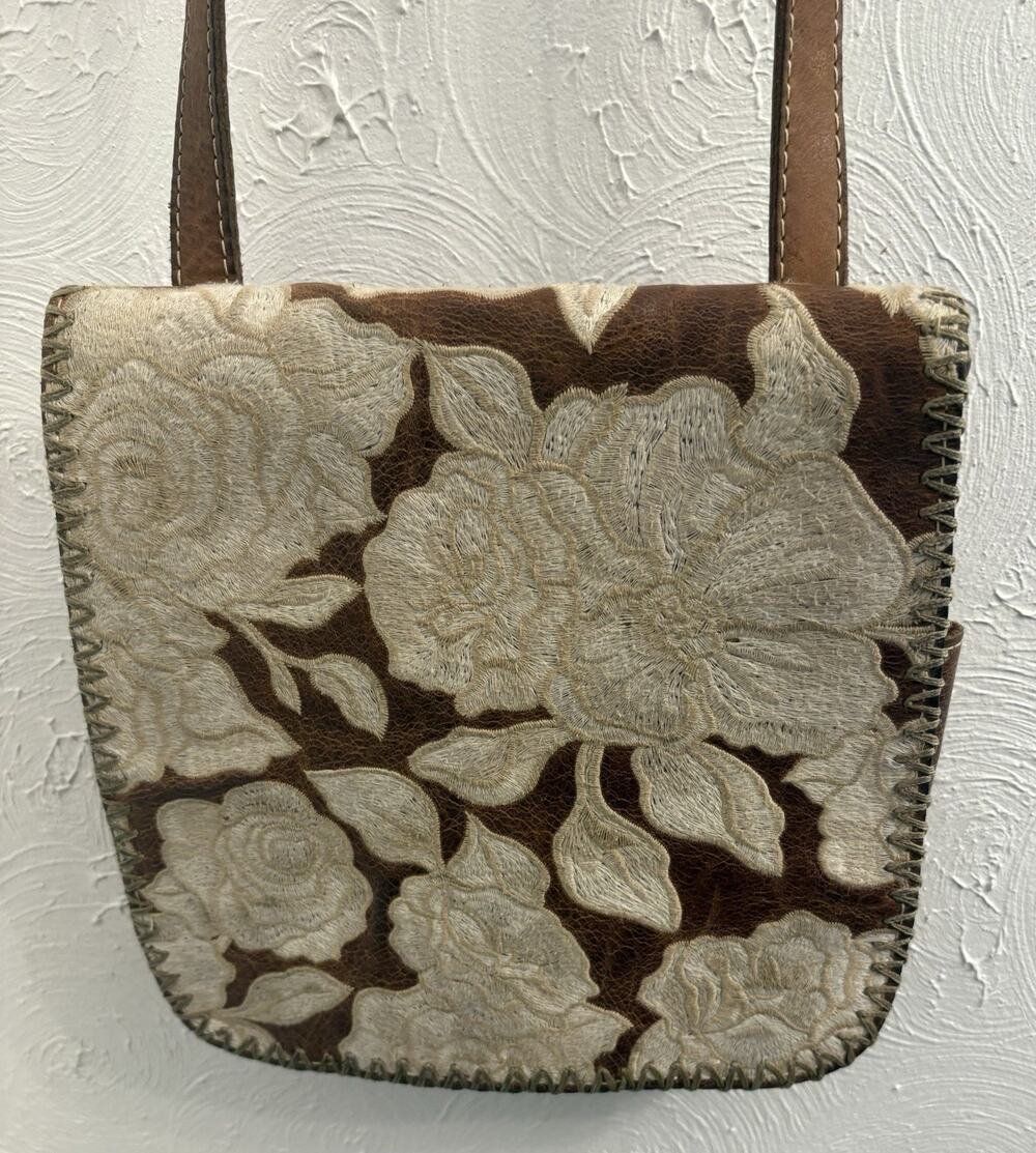 Patricia Nash Embroidered Leather Crossbody Flap Bag Cream Flowers Detailed